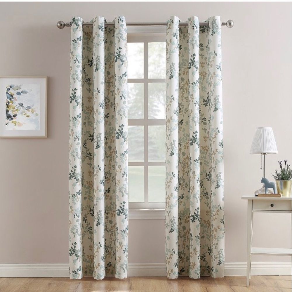 Set of 3 curtain Hariette Floral Print Casual Textured‎ Grommet Top Curtain Blue